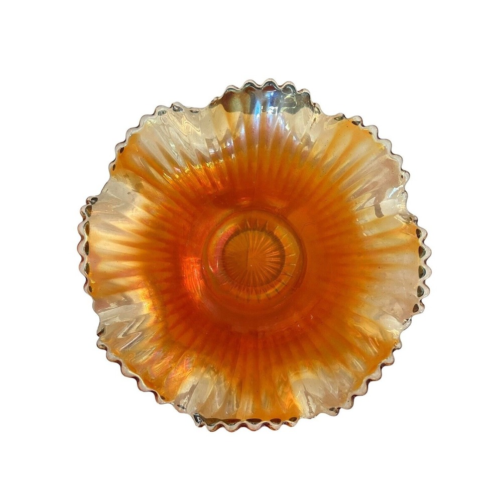 Vintage Carnival Glass Nut Fruit Candy Bowl Marigold Amber Ruffled Edges 7 Inch